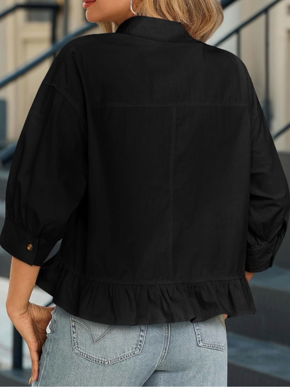 Black Ruffle-Hem Button Front Blouse - Picture 3 of 9